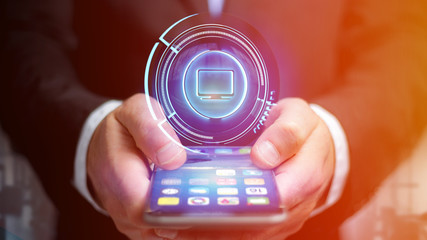 Businessman using a Shinny technologic computer button on a smartphone - 3d render