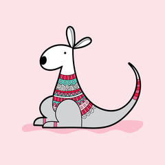 Cute kangaroo with a multi-colored jumper vector illustration on a pale pink background.