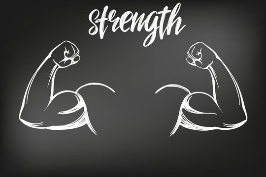 arm, bicep, strong hand icon cartoon calligraphic text symbol hand drawn vector illustration sketch, drawn in chalk on a black Board