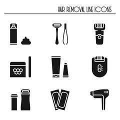 Hair removal methods silhouette icons set. Shaving sugaring laser waxing epilation depilation tweezing.