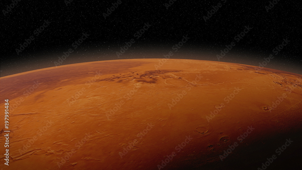 Poster red planet mars in natural colors, surface close up with visible atmosphere
