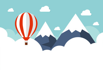 Hot air balloon in the sky with clouds. Flat cartoon design.