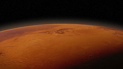 red planet Mars in natural colors, surface close up with visible atmosphere © dottedyeti