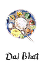 Dal Bhat recipe local food of Nepal and India , cuisine, watercolor hand drawn illustration