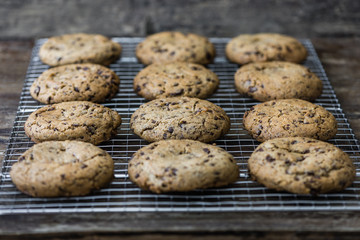 Freshly Baked Chocolate Cookies on Cooling Rack. Sweet Biscuits. Homemade pastry.