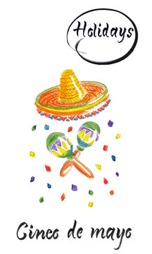 Cinco de Mayo with sombrero and maracas. Hand drawn watercolor illustration. Design element for poster, greeting card. Raster illustration