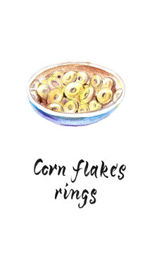 Bowl of whole grain cereal corn flakes rings, watercolor hand drawn illustration