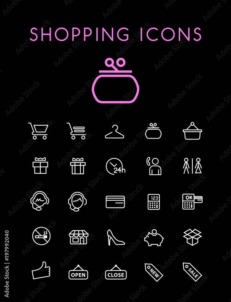Poster set of quality universal standard minimal simple white thin line shopping icons on black background