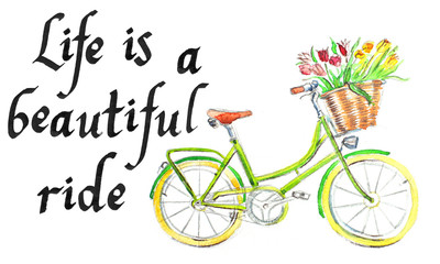 "Life is a beautiful ride", light green bicycle with a basket of flower - hand drawn watercolor illustration