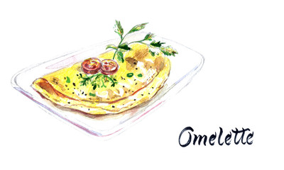 Italian egg omelette with tomatoes, herbs on a white plate, watercolor hand drawn illustration