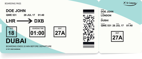 Pattern of airline boarding pass ticket. Concept of travel, journey or trip by plane. Isolated on white. Vector illustration