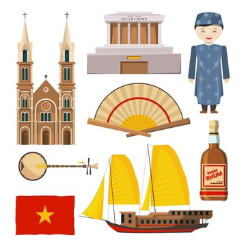 Different pictures of Vietnam symbols isolate on white background