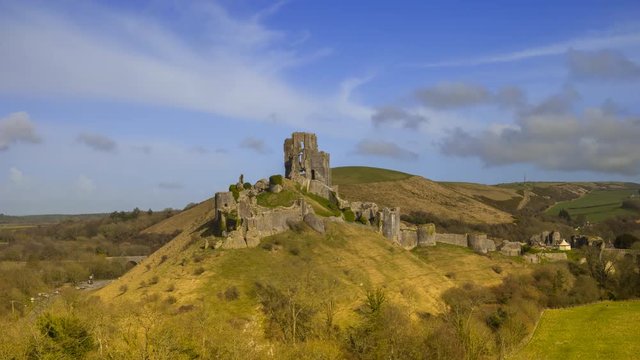 Ruins of the Corfe Castle and Village in Dorset in England - Time Lapse Video