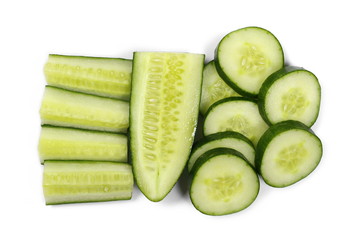 Cucumber slices isolated on white background, top view