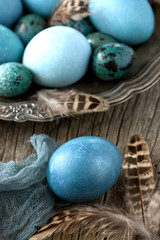 Colorful easter eggs on metal plate