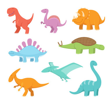 Cartoon set of funny dinosaurs. Vector pictures of prehistoric period