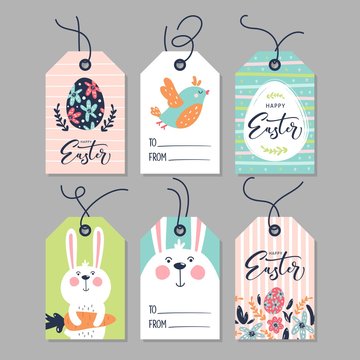 Easter tag collection with eggs, rabbits, birds and flowers