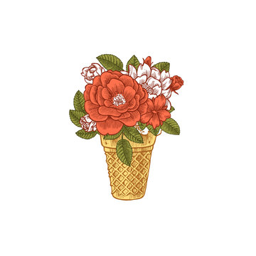 Floral ice cream illustration. Peony and leaves. Vector illustration