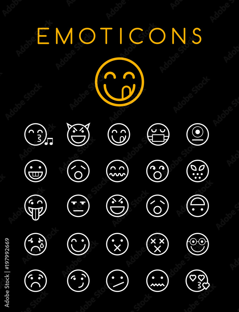 Poster set of quality universal standard minimal simple white thin line emoticons on black background
