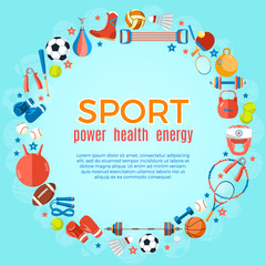 Fototapeta premium Banner of sport balls and gaming equipment. Background for promotional posters, advertising flyers, brochure or booklet, discount banners, sale. Healthy lifestyle tools. Vector Illustration.