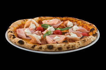 pizza with cherry tomatoes, cheese, Ham and rucola isolated on black background