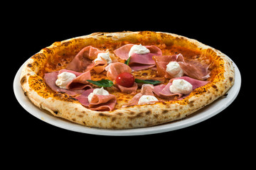 pizza with cherry tomatoes, mozzarella and rucola isolated on black background