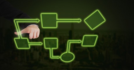 Hand touching green wireframe