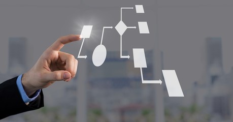 Hand touching white wireframe