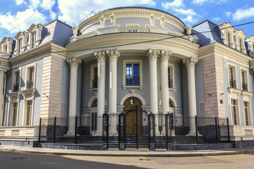 The architecture of Moscow on Krivoarbatsky lane near Arbat street, Russia.