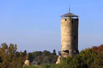 Ruins and tower of medieval XIV century Cracow Bishops Castle in town of Ilza, Poland.