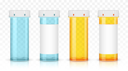 Set of empty prescription medicine bottles. Isolated on transparent background.