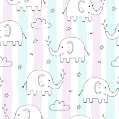 Cute seamless pattern with funny elephant. vector illustration