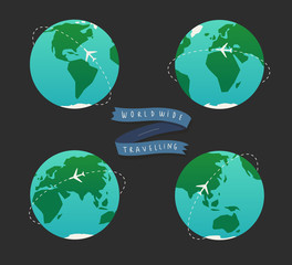 Clip art concept illustration for worldwide travelling. Illustration of Earth globe. World map set
