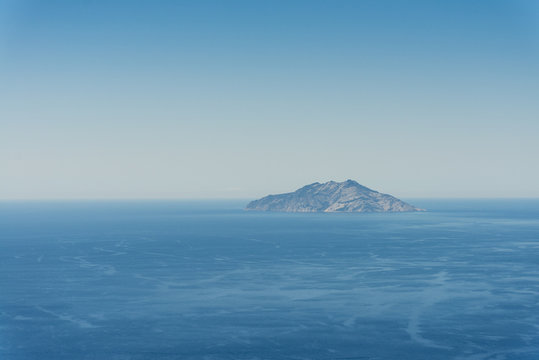 Aerial image of Isola di Monte Cristo also called Island of Mentecristo nature reserve in the Tyrrhenian Sea