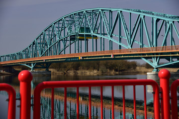 Gryfino, Poland, steel bridge over a river.