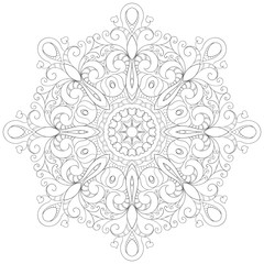 circular floral monochrome pattern for coloring book, with small openwork elements