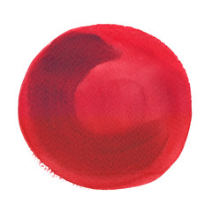 Bright red dot painted in watercolor on clean white background