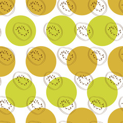 Outline kiwi pattern with bullets background. A playful, modern, and flexible pattern for brand who has cute and fun style.  Repeated pattern. Doodle kiwi mix with polka background.