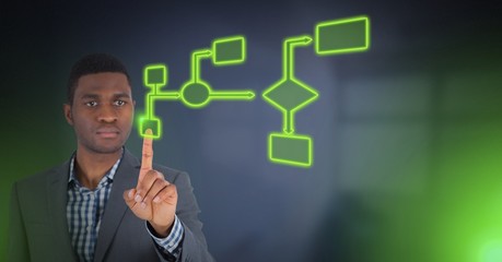 Man's Hand touching green wireframe