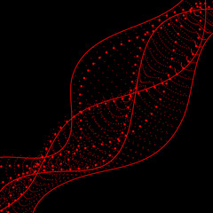 Vector futuristic background. Red wavy abstract lines dots on a black background.