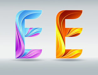 Creative twisted letter E. Abstract 3D font. Caramel and ultraviolet colors. An elegant typographic concept. Isolated vector symbol on a light background. Logo template for corporate identity.
