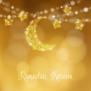 Hand drawn ornamental moon and stars. Festive decoration, string of glittering lights. Modern festive decorative blurred vector illustration background for muslim community holy month Ramadan Kareem.