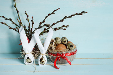 Decorative Easter composition. The concept of Easter greetings. Copy space.