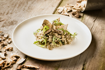 Mushroom risotto on a white plate