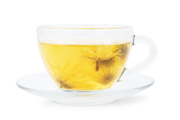 A phyto tea in a transparent cup on a white background
