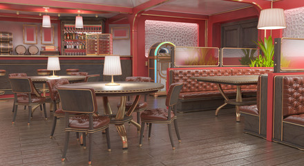 Interior restaurant is in red with a bar and tables, leather armchairs and jukebox. 3d illustration