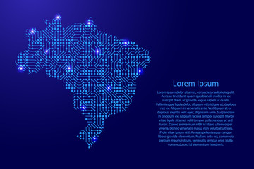 Map Brazil from printed board, chip and radio component with blue star space on the contour for banner, poster, greeting card, of vector illustration.