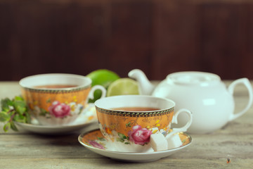 Cup of tea on wooden table