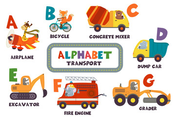 alphabet with transport and animals A to G - vector illustration, eps
