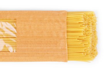 Spaghetti or capellini pasta transparent package, isolated on white background